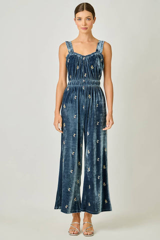 Embroidered Velvet Jumpsuit in Steel Blue