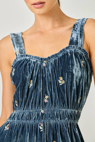 Embroidered Velvet Jumpsuit in Steel Blue