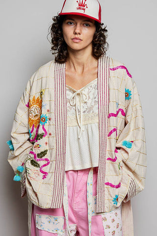 Tie-Belt Embroidery Kimono Cardigan