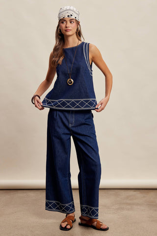 Embroidered Denim Tank & Wide-Leg Pants Set