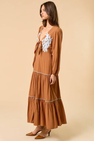 Long Sleeve Maxi Dress with Lace in Brown