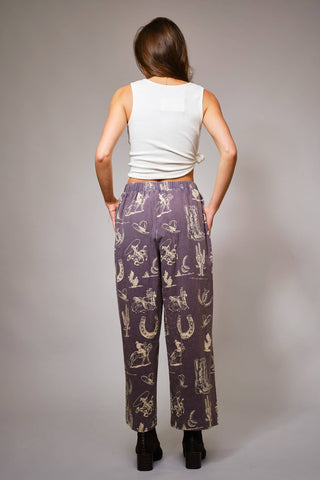 Western Motif Wide Leg Pants in Washed Navy
