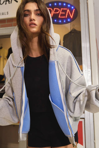 Contrast Seaming Hooded Zip-Up