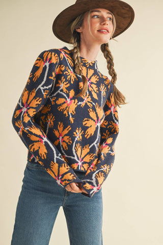 Floral Mock Neck Sweater in Navy