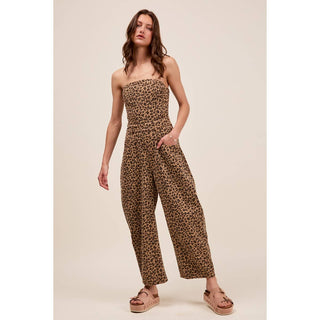 Leopard Denim Strapless Jumpsuit