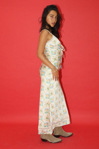 Lace Trim Floral Tie Maxi Dress in Cream
