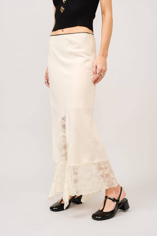 Satin Lace Maxi Skirt in Cream