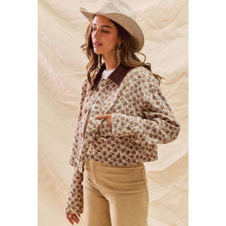 Floral Cropped Jacket With Corduroy Collar