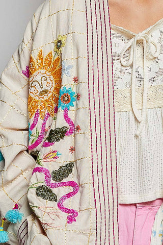Tie-Belt Embroidery Kimono Cardigan
