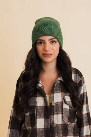 Smiley Knit Beanie in Forest Green