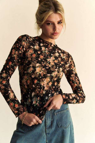 Mesh Long Sleeve Layering Top in Floral