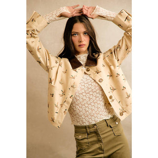 Mallard Duck Print Corduroy-Collar Jacket