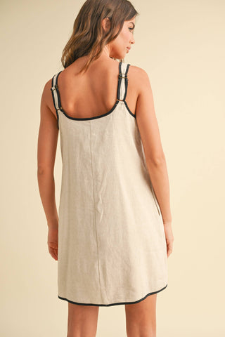Linen Olive Piping Detail Dress in Oatmeal