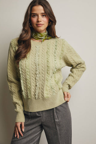 Lace Trim Cable Knit Pullover  in Matcha