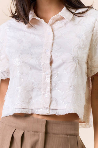 Floral Jacquard Top With Sequin Embroidery in Cream