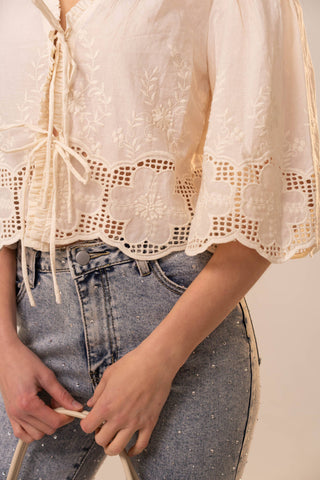 Puff Sleeve Eyelet Blouse in Ivory