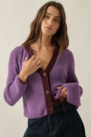 Ribbed Knit Contrast Cardigan Sweater in Aubergine