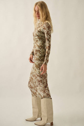 Floral Mesh Long-Sleeve Mock-Neck Midi Dress in Olive