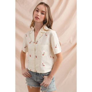 Floral Embroidered Button Down in Cream