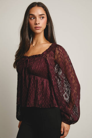 Pleated Lace Peplum Blouse in Burgundy