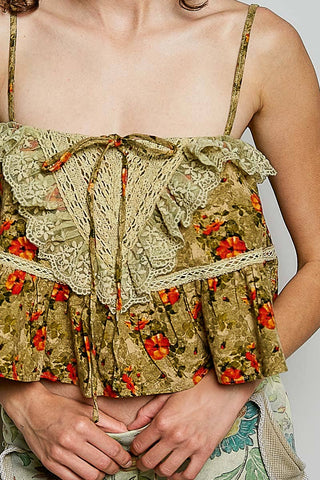 Ruffley Lacey Floral Tank in Olive