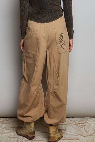 Floral Embroidered Twill Pants in Latte