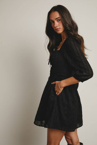 Lace Puff Sleeve Mini Dress in Black