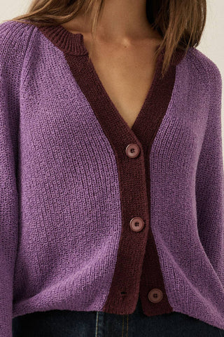 Ribbed Knit Contrast Cardigan Sweater in Aubergine