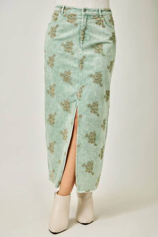 Embroidered Front Slit Corduroy Skirt in Washed Black