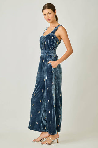 Embroidered Velvet Jumpsuit in Steel Blue