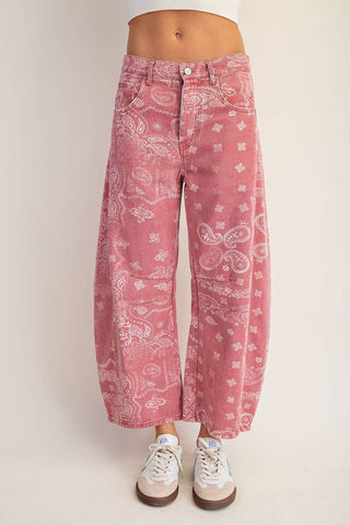Mineral Washed Paisley Barrel Jeans in Dusty Rose