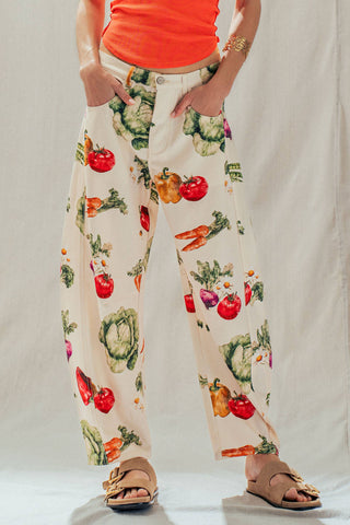 Vegetable Garden Print Barrel Leg Pants