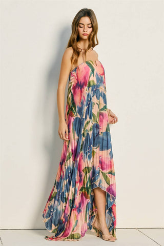 Pleated Maxi Dress in Lapis Bloom