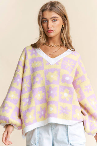 Floral Checkered Knit V Neck Sweater