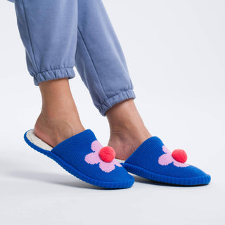 Flower Pom Slide Slippers in Cobalt