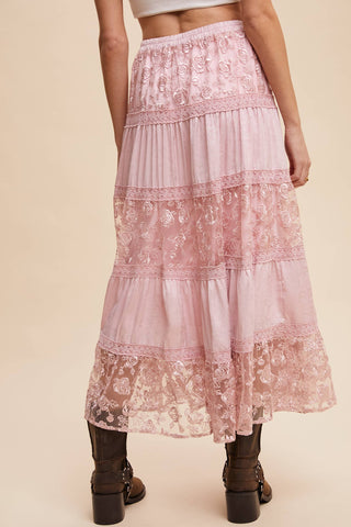Floral Embroidered Maxi Skirt in Mute Pink