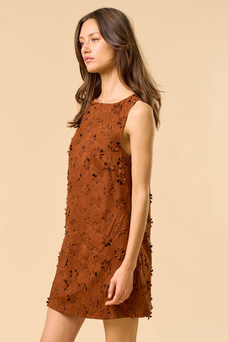 Flower Cut-Out Suede Dress in Brown