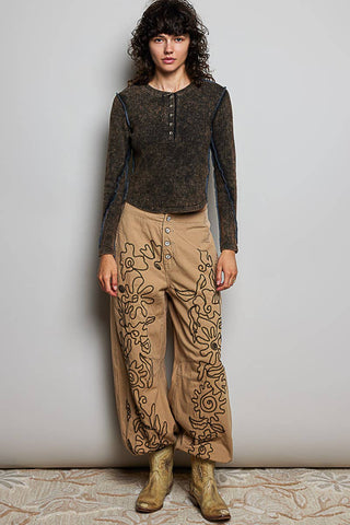 Floral Embroidered Twill Pants in Latte