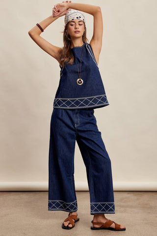 Embroidered Denim Tank & Wide-Leg Pants Set