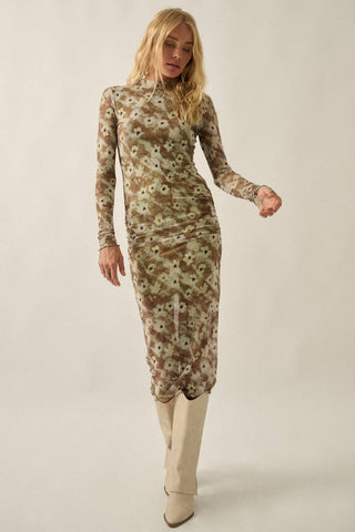 Floral Mesh Long-Sleeve Mock-Neck Midi Dress in Olive