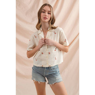 Floral Embroidered Button Down in Cream