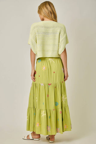 Embroidered Tiered Skirt in Green Tea