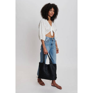 Solana Woven Vegan Leather Tote in Black