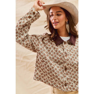 Floral Cropped Jacket With Corduroy Collar