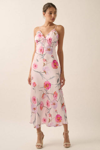 Floral Satin Maxi Slip Dress in Soft Pink