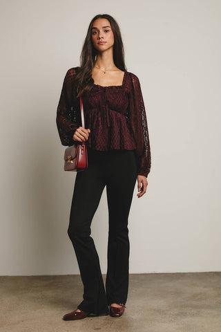 Pleated Lace Peplum Blouse in Burgundy