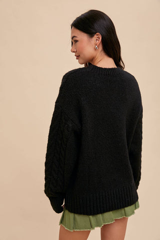 BLACK FLORAL CABLE KNIT SWEATER