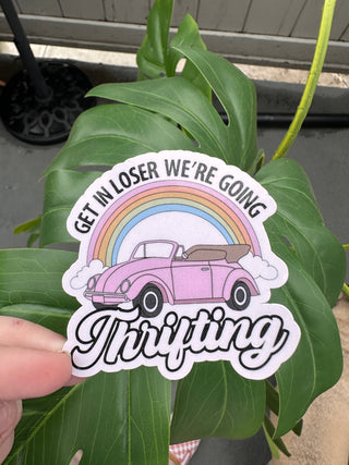 Get in loser we're going thrifting, pink vw bug sticker, cut