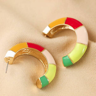 Colourful Enamel Striped Hoop Earrings in Gold